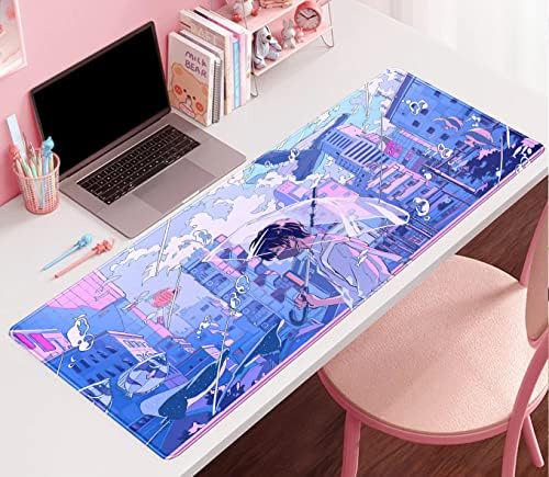 Anime Kawaii Desk Mat Mousepad fofo japonês grande mouse game mouse xxl, tapete de teclado de laptop azul roxo estético Pastel,