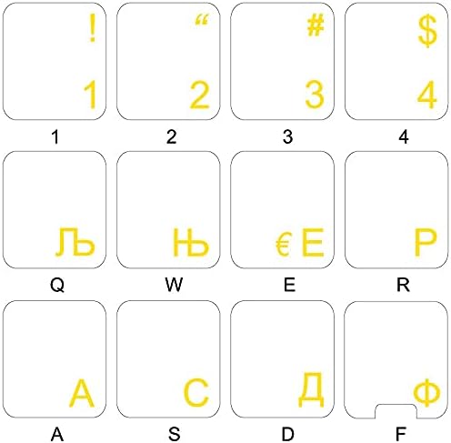 Adesivos de teclado sérvio com letras amarelas em fundo transparente