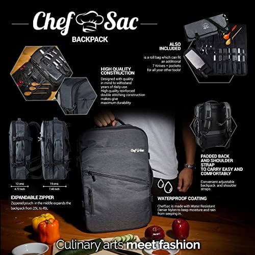 Chef Knife Backpack Set com rolo de faca | Caso de faca com mais de 40 bolsos para facas e ferramentas culinárias | Grande bolsa de faca para chefs e estudantes de culinária | Facas e ferramentas não incluídas