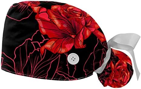 Lorvies Medical Caps para mulheres com botões de cabelo comprido, tampa de trabalho ajustável de 2 peças, rosas vermelhas