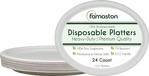 Famaston 24 pacote de 12,5 polegadas Oval Placas descartáveis ​​Dinner de papel para uso pesado Extra grande Ação de Graças Compostável Forte Platters 12 Picnic Bulk Branco