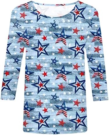 4 de julho Camisas para Women USA Flag Summer 3/4 Sleeve Crewneck Camise