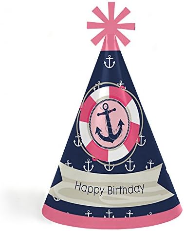 Ahoy - Girl Náutica - Cone Parabéns Faculdade de Feliz Aniversário Chapéus Para Crianças e Adultos - Conjunto de 8