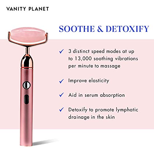 Vanity Planet Rousa Rollo de quartzo rosa vibratório - Rolo facial de pedra natural ajuda a reduzir linhas finas e rugas -