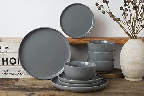 Placas de Famiware e tigelas, 12 peças conjuntos de utensílios, pratos definidos para 4, cinza escuro