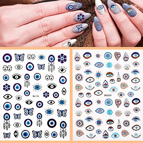 10 folhas Evil Eye Unhas Adesivos para Uil Art Diy Decoração, Charme de olho azul único Auto-adesivo pegatinas para uñas hamsa turca