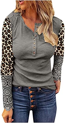 Mulheres Leopard Block Bloco de manga longa Camisas de outono Botões