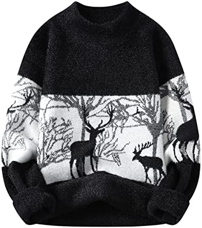 Sweater de malha masculina bloco de cores casual suéteres de natal rena