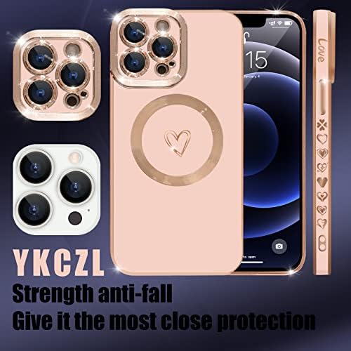 YKCZL Compatível com o iPhone 13 Pro Case com MagSafe, Luxury Plating Chear Heart Full Camera Lens Protection Case
