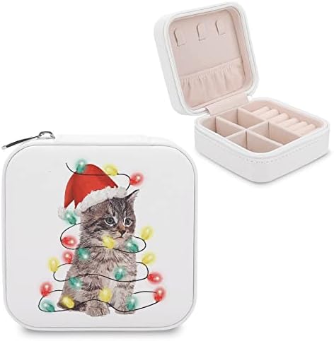 Luzes de Natal Cat Christmas Travel Box Caixa de jóias Mulheres Couro de jóias pequenas casas de joias portáteis para brinco de colar Anéis de Natal Presente de feriado para mulheres