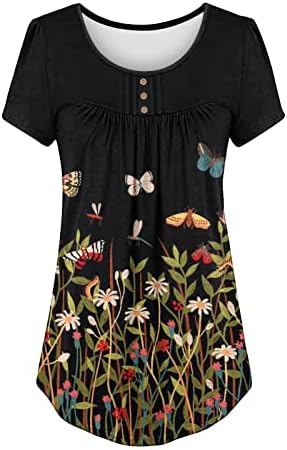 Botão a camisa da blusa para cima para mulheres de manga curta 2023 Crewneck Boat Conclic Cotton Print Blouse floral N5