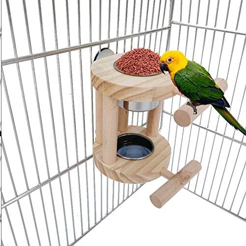 Copos de alimentação de pássaros com pano de poleiro de madeira, gaiola de pássaro alimentador de água em aço inoxidável com