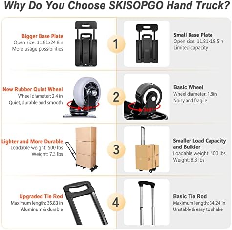 Skisopgo Caminhão de mão dobrável, carrinho de bagagem com 2 cordas elásticas, estojo de serviço pesado com capacidade para 500 libras,