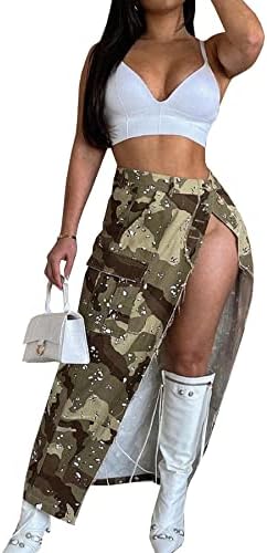 Jsfoiryrou Women Saias longas da cintura alta Slit Camo Flowy Zip Maxi A-line Skirt Casual Studden Ripped Skirt 8805DD