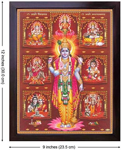 Lord Supremo Hindu Vishnu com outro Deus como Krishna, Ganesha, Shva, Sarawati, Lord Ram e Maa Durga, uma pintura de pôster