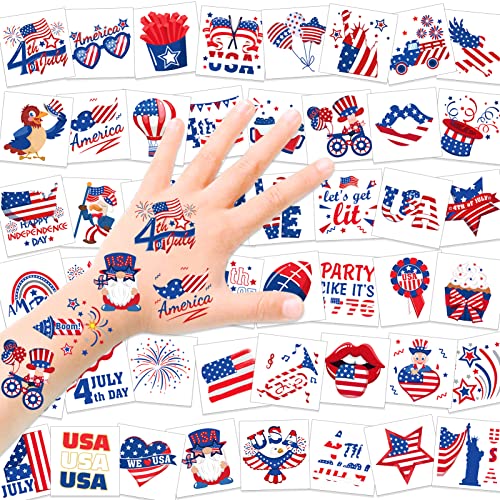 Howaf 4 de julho Tatuagens falsas 96 Peças Quarto de julho Tatuagens Conjunto de adesivos, Tattoos temporários do Dia da Independência Americana para Crianças, Tatões Branco e Azul da Bandeira dos EUA para Favores do Partido do Dia do Trabalho