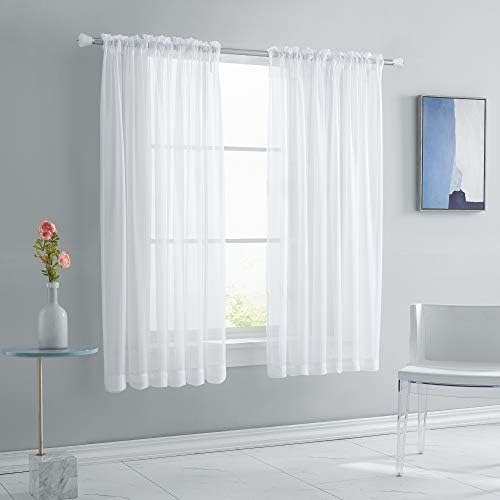 Keqiaosuocai 2 painéis cortinas brancas de 63 polegadas de comprimento bolso de haste de haste leve Pesos macio cortinas