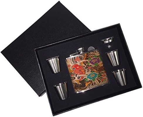 Casos de sol - Flor Koi japonês Art Leather Liquor Whisky Flask Gift Set