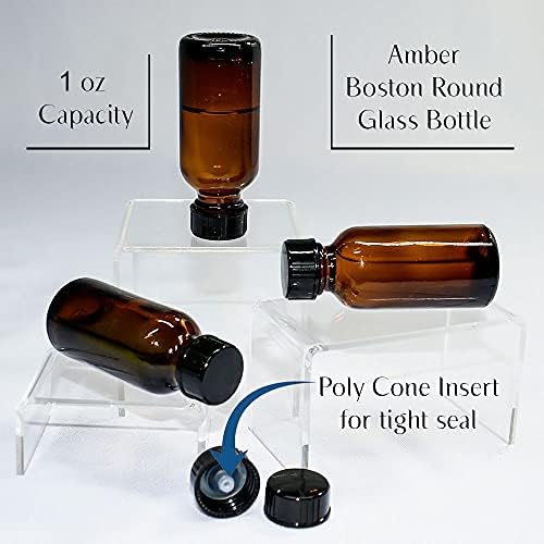 GBO Glassbottleoutlet.com 1 oz. Amber Boston Round com tampa de cone poly preta