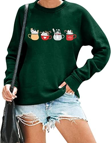 Selta de moletom de gato de Natal Kiddad Mulheres fofas de cafeteira de café de Natal Top Top Natal Holida de Manga Longa Camisa