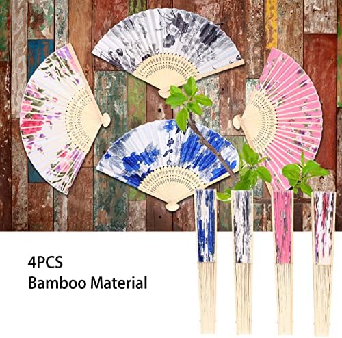 Ventilador dobrável de pilipane 4pcs, estilo chinês de estilo chinês fã de mão de mão bambu de bambu de bambu de resfriamento prático