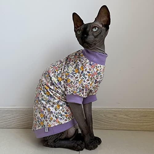Sphynx gato sem pêlos Camisetas de algodão fofo de verão roupas de estimação, colarinho redondo camisas de gatinho