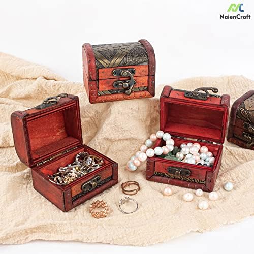 Naiencraft, pacote de 4 pequenos peças de tesouro vintage caixas artesanais anéis de madeira caixas de jóias de jóias