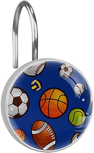 12 peças de anel de cortina de chuveiro de banheiro para cortina chuveiro home decoração esporte de futebol de futebol Baseball Basketball Pattern