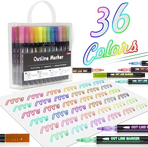 36 Pacote de contorno de linha dupla, rabiscos marcadores de brilho, esboço auto -delineado canetas de marcador de glitter