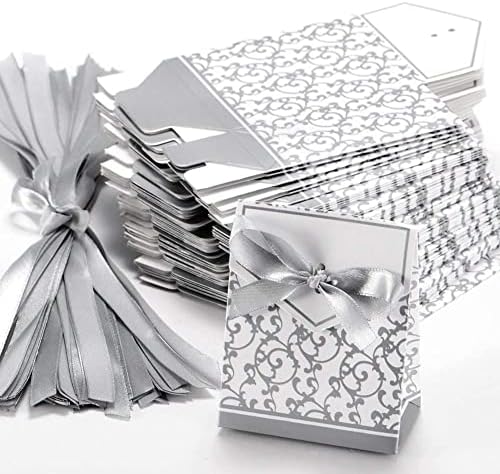 KuPoo 50pcs Candy Caixas, Caixas de Bolo de Bolo de Candros de Favor de Fita Prata para a Decoração de Festas de Casamento Páscoa