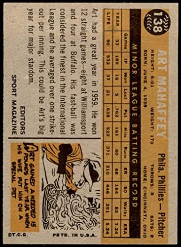 1960 TOPPS 138 estrela estrela de estrela Mahaffey Philadelphia Phillies ex Phillies
