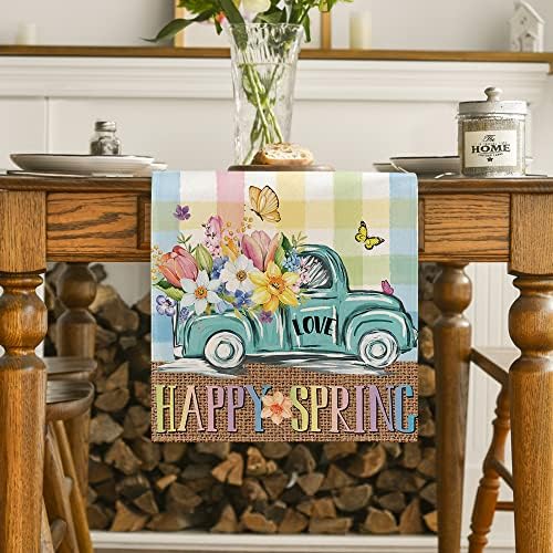Modo Artóide Flor do caminhão azul rosa Feliz Mesa de primavera Runner, Sazonal Summer Holiday Kitchen Dining Table Decoration