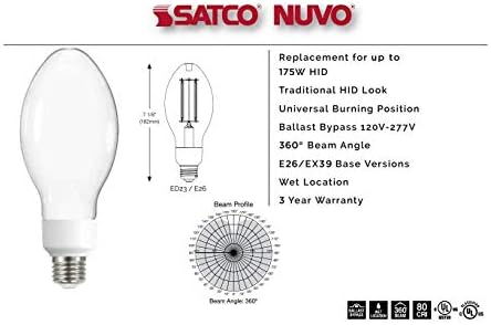 SATCO NOVO! Lâmpada de filamento de LED hi-pro avançada, S13131, 22 watts LED HID HID Substituição; Ed23; 5000k; Base média; 120-277 volts; Bypass de lastro do tipo B - 12 pacote