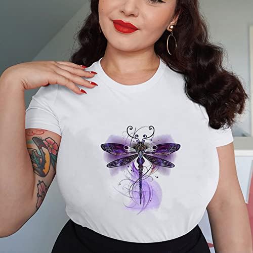 Tops casuais para mulheres, feminino sexy moda verão redondo pescoço de camiseta libélula estampada de manga curta blusa