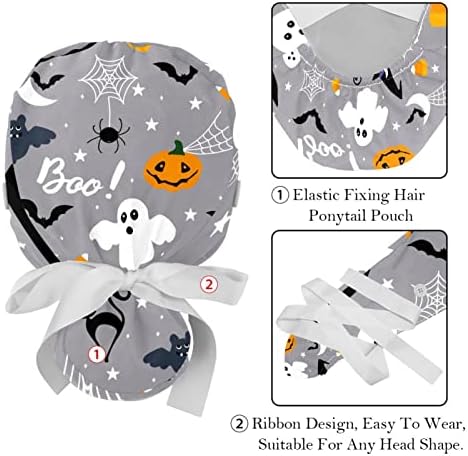 Capas médicas para mulheres com botões de cabelo comprido, boné de trabalho ajustável de 2 peças, happy halloween