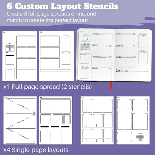 Speedy Sprenss Journal Stencils - X6 Stencils para A5 Bullet Dot Grid Journal Notebook, Economize tempo em layouts de página inteira, modelos de planejador de bricolage para produtividade por sequência ensolarada
