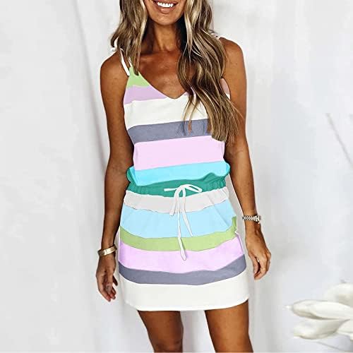 Vestidos de verão femininos de LCZIWO 2023 Casual Block Color Spaghetti Strap V Decote Sleeseless String String Walting Mini Beach Dress