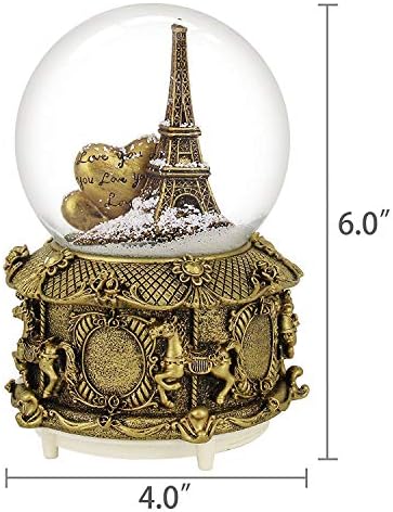 Globo de neve musical de Paris com luzes LED de mudança de cor, Eiffel Tower Snow Globe com base de carross-go-rod, coleção