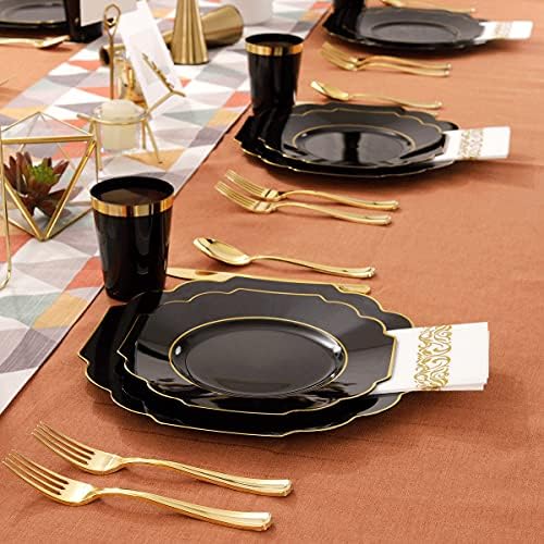 Hioasis 140pcs Placas de plástico preto transparentes com talheres de plástico dourado servidos para 20 Gestos incluem pratos 20dinner, pratos 20dessert, 20 knives, 20forks, 20spoons, 20Cups, 20Napkins para casamentos e festas