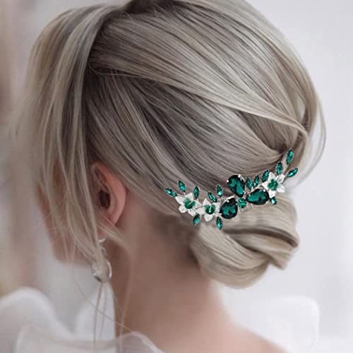 Flatser Green Crystal Bride Hair Combs Flores prateadas Cabelo lateral de pentes lateral de pentes de pinheiro acessórios de cabelo