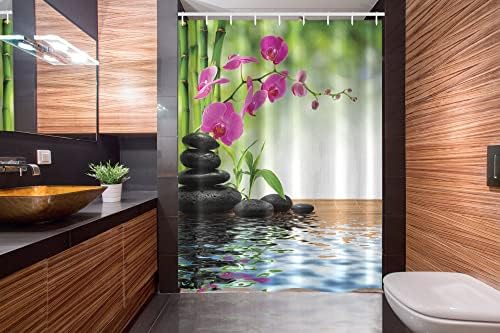 Cortina de chuveiro de Spa de Ambesonne, composição Bambu Tree Floor Orquídea Pedras de Pedras Verde, decoração de banheiro