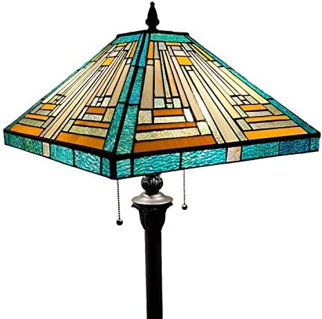 ArtZone Antique Tiffany Floor Lamp [2 Luzes] [16''W*63'H] Estilo de missão de manchado Luminária de piso de vidro Leitura de leitura para sala de estar/quarto/escritório em casa/Estudo