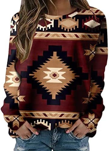 Sortos de palha de estampa asteca ocidentais femininos camisetas de manga comprida tshirts da moda Tops de outono casual Bloups