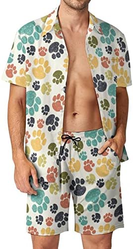 Adorável cães pata Men 2 peças define havaiano botão de botão curta camisetas de praia calças de camisetas soltas