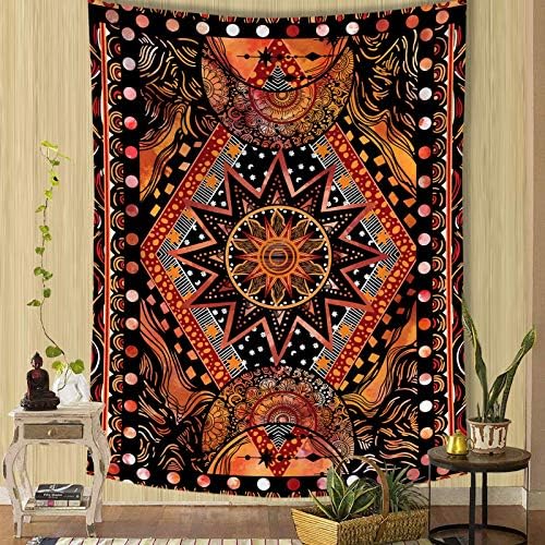 Parede de tapeçaria de sol laranja e lua de fowocu, tapeçarias indie hippie mandala frias paredes, tapeçaria estética para quarto dormitório