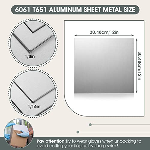 Therwen 4 PCs 6061 T651 Folha de alumínio Metal 12x12x1/8 e 1/16 Placa de metal de alumínio grossa coberta com estoque plano de filme protetor para a indústria, artesanato, polido e empenhado, enquadramento estrutural