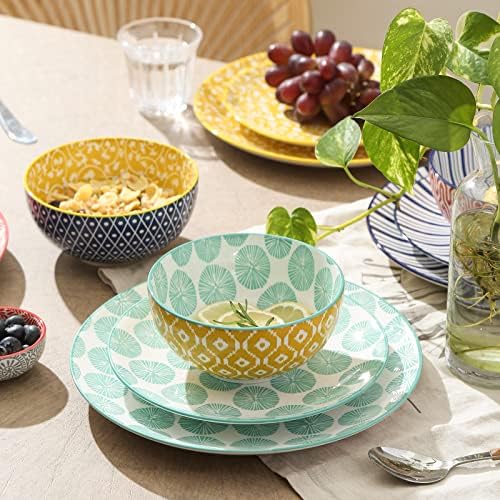 Selamica Ceramic 12-Pieces Dinnerware Conjuntos de louça, pratos de cerâmica e conjuntos de tigelas, serviço para 4, salada de jantar pratos e conjunto de tigelas de cereais, presente, cores variadas