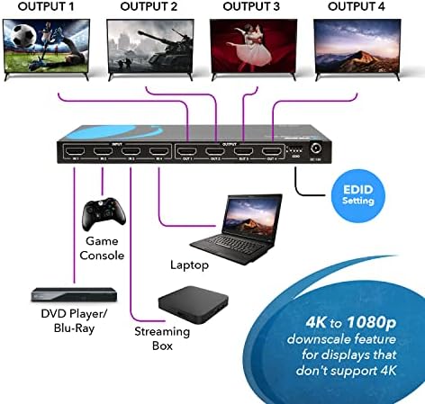 Matriz HDMI de Orei Splitter Switcher 4K 4K, Mudar com controle remoto suporta UltraHD 4K@60Hz 4: 4: 4, HDR, YUV, HDMI 2.0, HDCP 2.2, 3d, 1080p, 18 Gbps - Auto -escalada 4K & 1080p