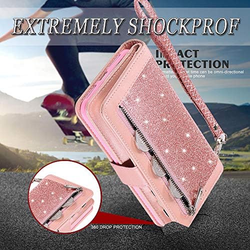 Auker iPhone Xr Bling Cartet Case com alça para mulheres, holder de 9 cartas flip flip glitter couro zíper capa com suporte de dobra