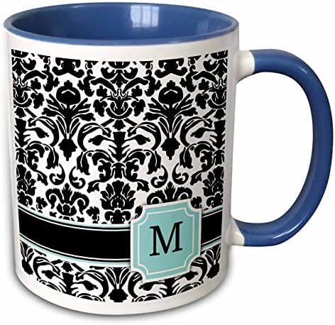 3drose letra m Monograma Monograma azul preto e branco Padrão de damasco caneca, 11 oz